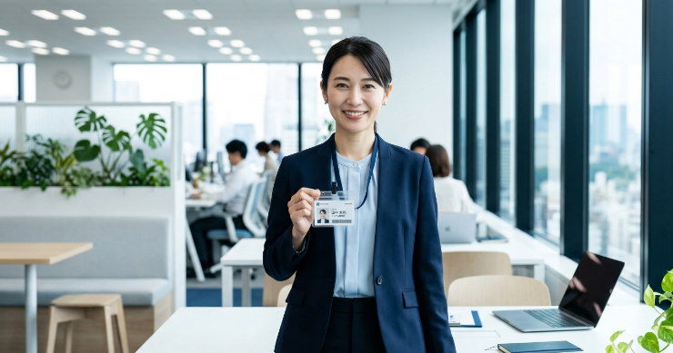 ネックストラップとIDカードを着用している人物