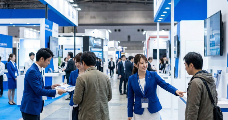 展示会でネックストラップを着用したスタッフ