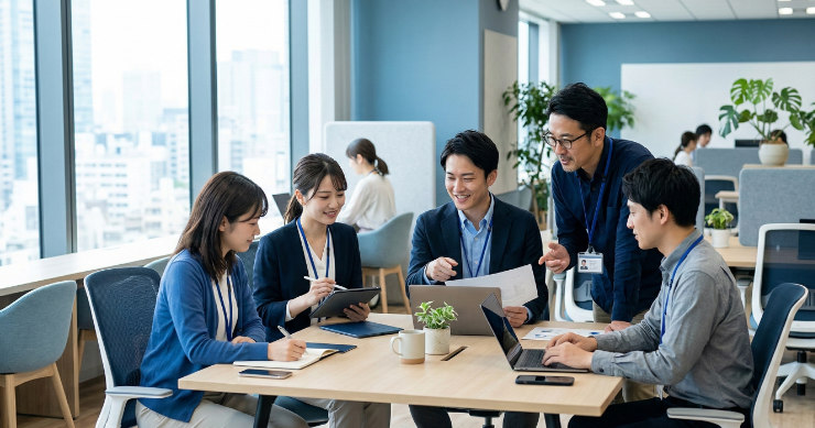 ネックストラップを着けて働くビジネスパーソン