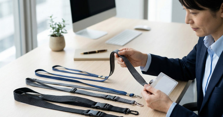 異なる幅のネックストラップを比較する様子