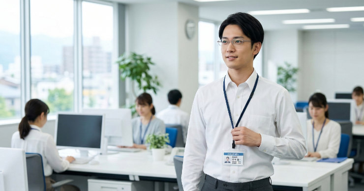 シンプルな無地ネックストラップを着用した社員証利用シーン