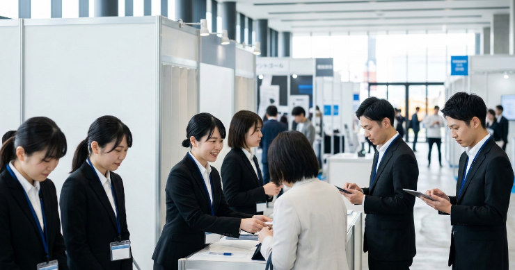 イベント会場で無地ストラップを着用するスタッフ