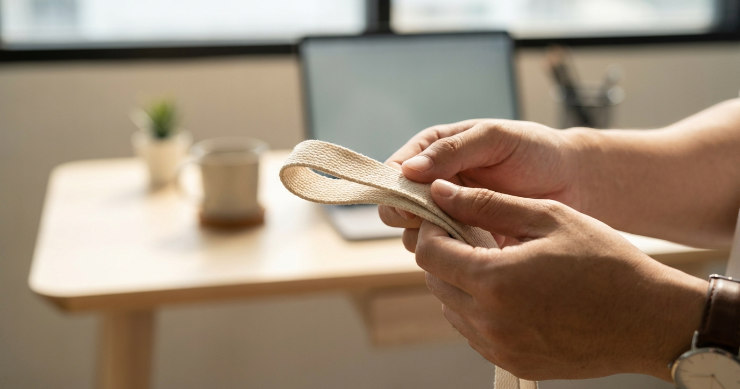 ストラップの柔らかい素材感を指先で確かめる日本人男性の手元