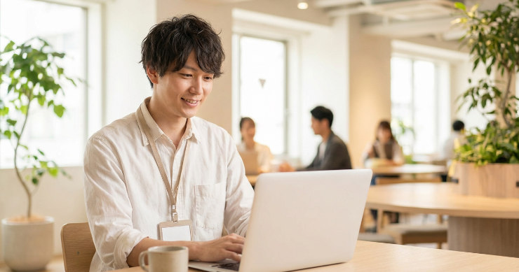 ストラップを首から下げたまま、快適に長時間のパソコン作業をこなす日本人男性