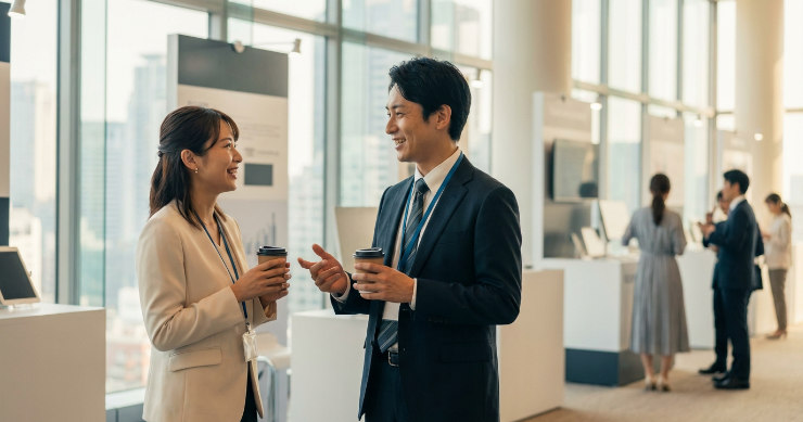 イベント会場でネームストラップを下げて和やかに談笑する日本人の男女