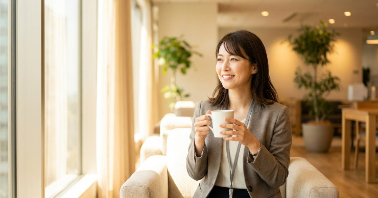 オフィスラウンジの窓際で、ストラップをつけたままリラックスしてコーヒーを飲む日本人女性