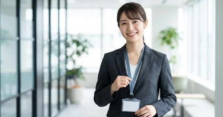 平織ストラップを着用してオフィスで働く日本の女性ビジネスパーソン