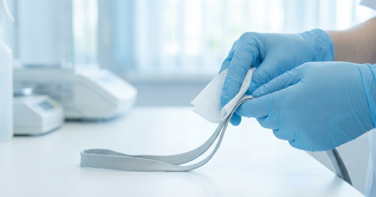 ストラップをアルコール除菌シートで丁寧に拭き取る医療スタッフの手元