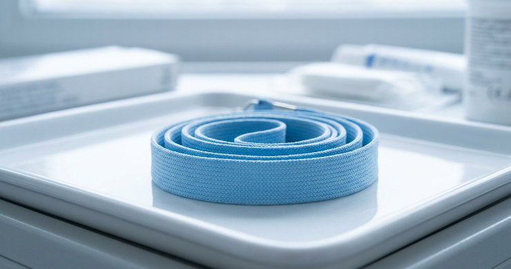 清潔な医療用トレイの上に置かれた、なめらかなポリエステル素材のストラップ