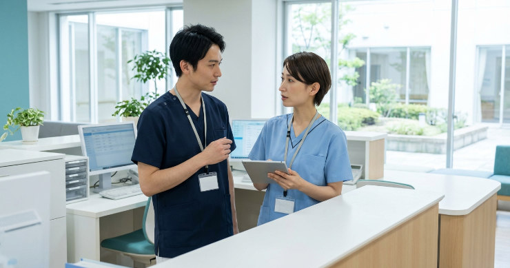 それぞれ個人のストラップを着用してナースステーションで会話する2人の日本の医療スタッフ