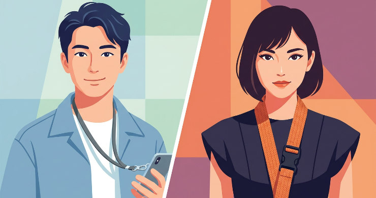 細いネックストラップと太いネックストラップの見た目の違いを比較するイラスト