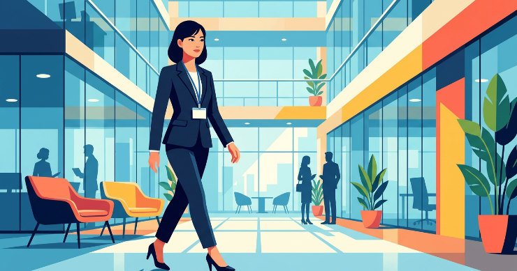オフィスで快適に15mm幅の標準的な社員証ストラップをつける日本人ビジネスウーマン