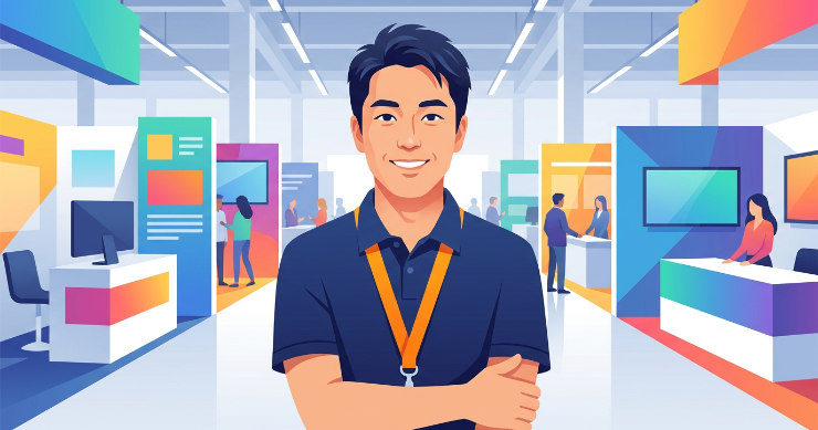 イベント会場で太いネックストラップを身につけた日本人男性スタッフのイラスト