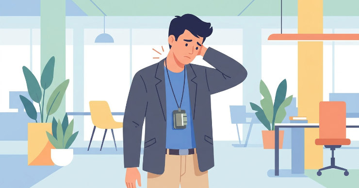細いストラップに重いカードケースをつけて首に負担を感じている日本人男性のイラスト