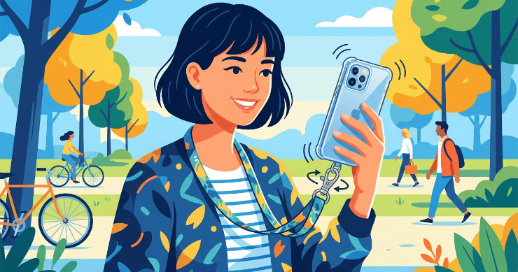 絡まりにくい回転式ナスカンがついたスマホ用ストラップを使う日本人女性