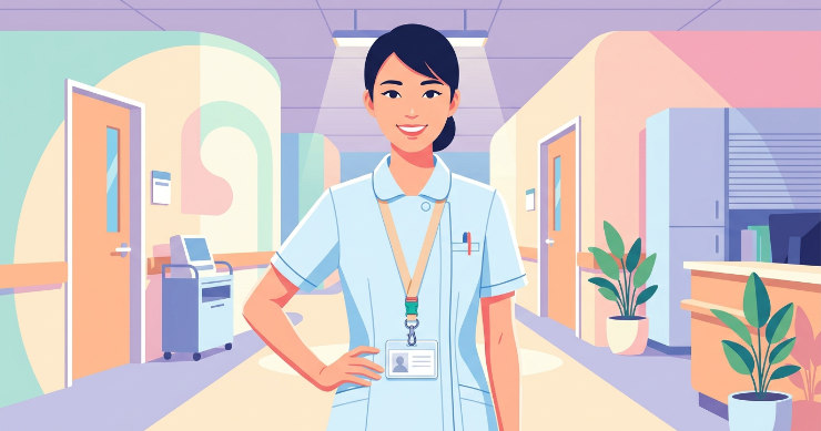 安全パーツと頑丈なナスカンがついたネックストラップをつける日本人看護師