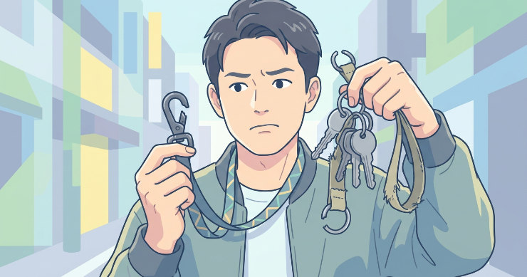 重い鍵をつけて金具が壊れてしまい困っている日本人男性のイラスト