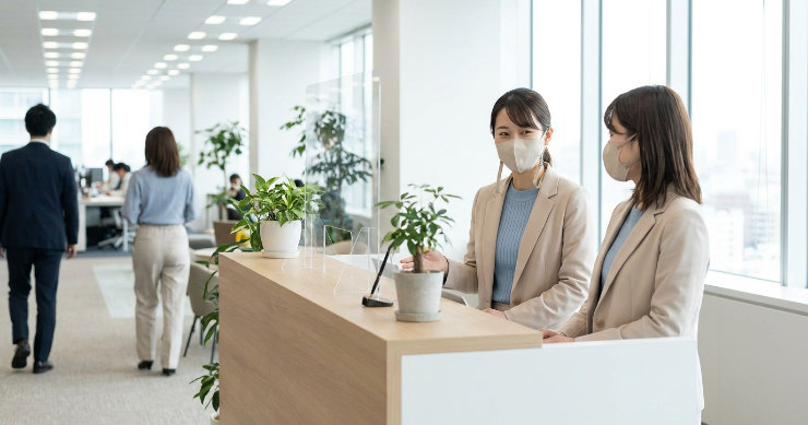 受付やイベント現場でマスクストラップを使う日本人スタッフ