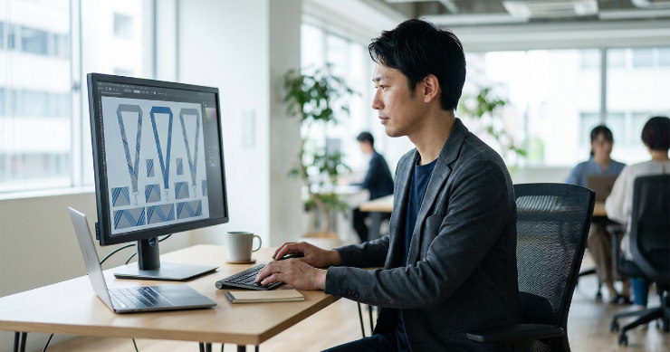PC上でストラップデザインを調整する日本人デザイナー