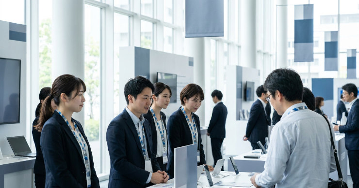 展示会で統一デザインのストラップを使用する日本人スタッフ