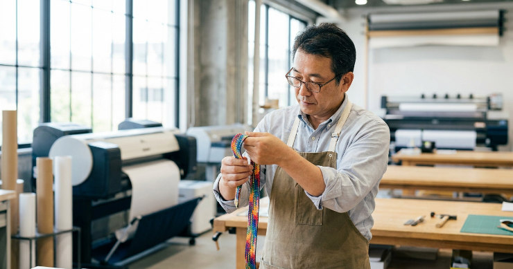 アトリエで、色鮮やかに印刷されたストラップ生地を丁寧に検品する男性職人。