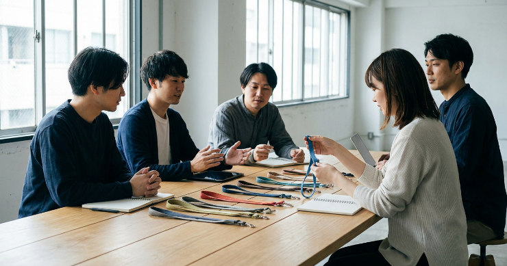 会議室のテーブルに色とりどりのストラップを並べ、オリジナルデザインを選定しているチーム。