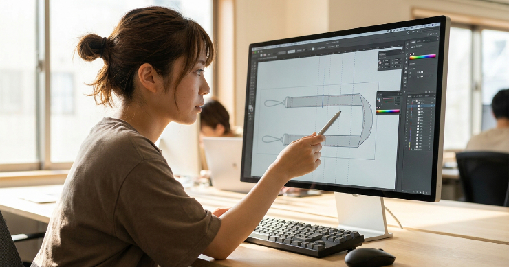 日本人デザイナーがパソコン画面を操作し、ネックストラップのデータ上でカシメ位置のガイド線を確認している様子