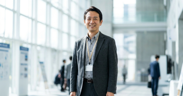 展示会などのイベント会場でシンプルなネックストラップを身につけるビジネスパーソン