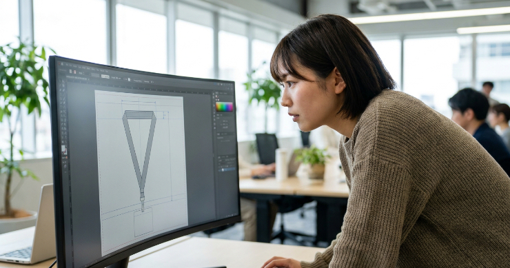 デザイナーがパソコン画面でネックストラップの入稿データと余白を確認している様子