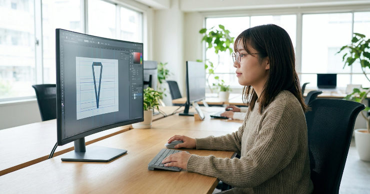 日本人デザイナーがパソコン画面でネックストラップのデザインテンプレート(余白や線幅)を確認している様子