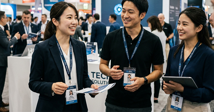 展示会で同じデザインのネックストラップをつけているスタッフたち